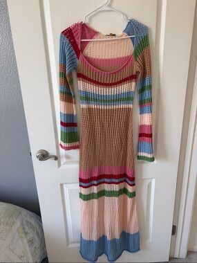 Striped Crochet Maxi Dress in Beige with Pastel Accents